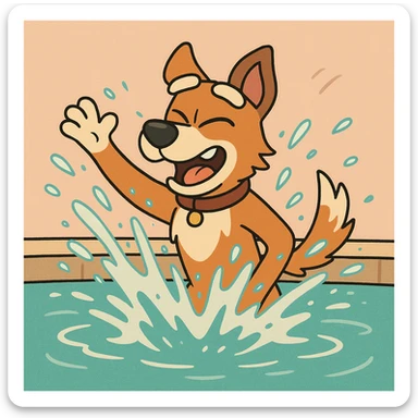 indie dog splashing water in a pool, energetic, cartoon style sticker