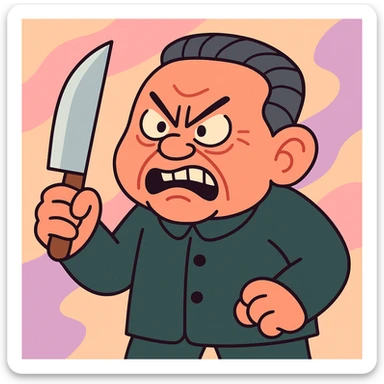 Deng Xiaoping as a cartoon villain, exaggerated angry expression, holding a knife, pastel toon style sticker