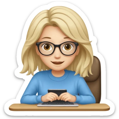 ragazza bionda sorridente con capelli molto lunghi, con occhiali tartarugati, occhi azzurri, con maglione beige, seduti alla scrivania che lavora al pc sticker