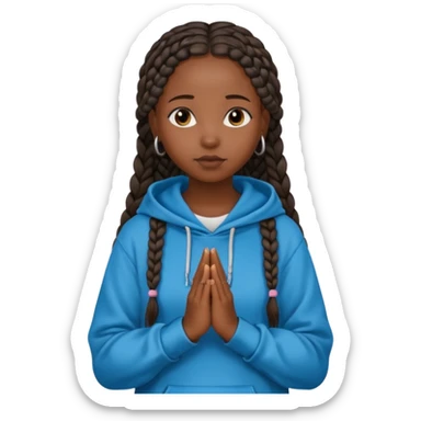 African American girl dark skin with long box braids and plain black hoodie with prayer hands sticker