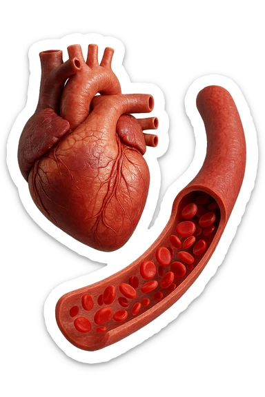 cuore anatomico umano fluttuano in aria insieme ad una vena umana con globuli rossi , iperrealistiche 4k sticker