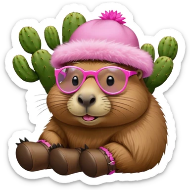 A capybara sleeping with a cactus hat on and pink goofy glasses wearing big UGGS for shoes sticker
