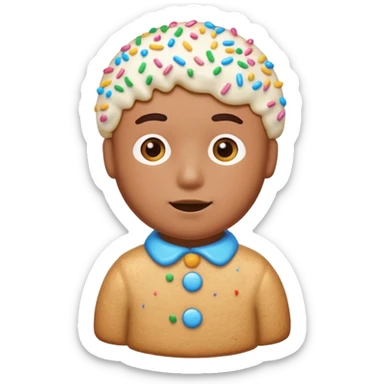 {
    "type": "object",
    "look": "frosted cookie man, colorful sprinkles, glossy icing top, front view",
    "description": "a sweet cookie man covered with frosting and rainbow sprinkles"
  } sticker