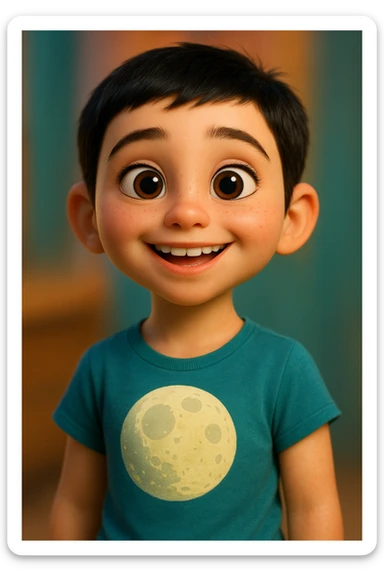 Pixar style young girl with very short black hair, light skin, wearing a t-shirt with a moon design sticker