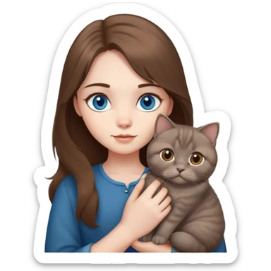 Girl with blue eyes and long brown hair and holding a grey Scottish fold cat sticker