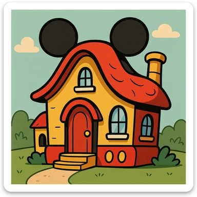 Mickey Mouse inspired house, cartoon style, playful and colorful, whimsical design, house with Mickey Mouse ears and colors sticker