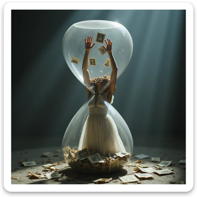 Ethereal woman trapped inside a giant hourglass, lower body buried in old photographs, hands reaching up trying to catch floating 'present moments' slipping through her fingers, hyperrealistic 4K, surreal and poetic atmosphere, soft light sticker