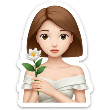 Pretty lady wearing a white silky off-the-shoulder folded neckline and holding a white flower on her right hand sticker