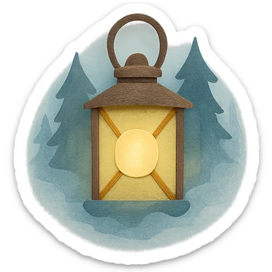 a lantern glowing softly in the misty woods, calm and dreamy feel, paper craft style sticker