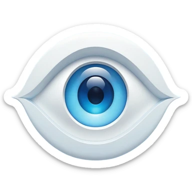stylized white capital letter O in almond-shaped gradient oval eye with silver curved accents on each side, over circular blue background, symbol of vision and focus sticker