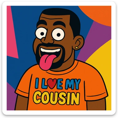 Kanye West with his tongue out, wearing a t-shirt that says 'I love my cousin', vibrant toon style sticker
