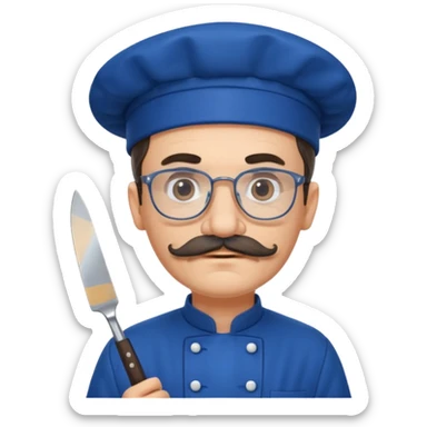 italian chef, blue uniform, with mustace, wearing glasses, holding knife sticker