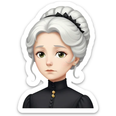 A Victorian woman with elegant coiffed white hair and light eyes wearing a modest unadorned black turtleneck mourning dress looking down with a forlorn expression sticker