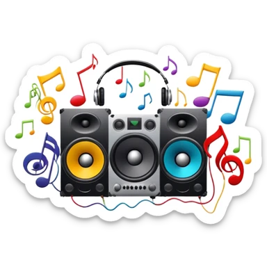 Icon for R&B Music Listening: large concert speakers and headphones with waves of musical notes coming out, along with drums and bass guitar and saxophone. The icon should convey the energetic and rhythmic vibe of R&B music. Transparent background sticker