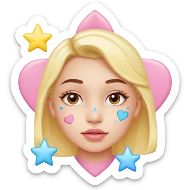 A cute emoji-style young woman with a small pimple on her cheek covered by a colorful pimple patch shaped like a star or heart,The sticker is glossy and pastel-colored (pink, yellow, blue). sticker