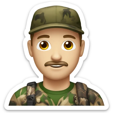 White guy with brown hair, cap, black mustache and hunting camo shirt sticker