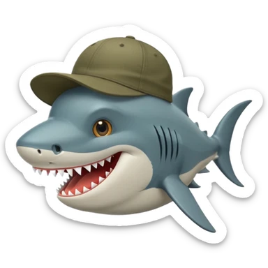 Un tiburón con aspecto gruñón pero con una sonrisa, que tenga una gorra de la marca barbas hats hacia atrás sticker