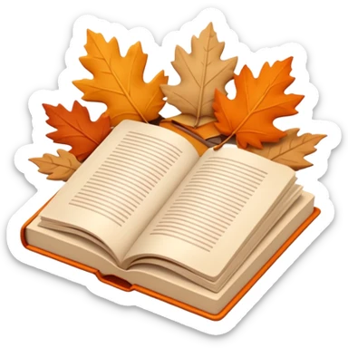 A cute 3D emoji of an open book with autumn leaves around it, cozy fall colors (orange, brown, beige), playful and modern style, glossy finish, minimalistic but expressive, symbolizing a Fall Reading Challenge. sticker