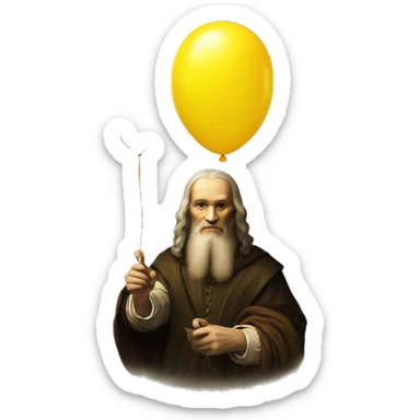 leonardo da Vinci holds a yellow balloon in his hand sticker