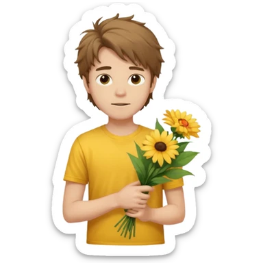 generate an ios genmoji of a 20 year old fair boy with brown long and messy hair with light beard on cheeks. carrying a flower bouquet, wearing a yellow tshirt, looking shy.  sticker