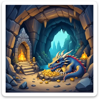 Dragon lair in a mountain cave with treasure piles and bones sticker
