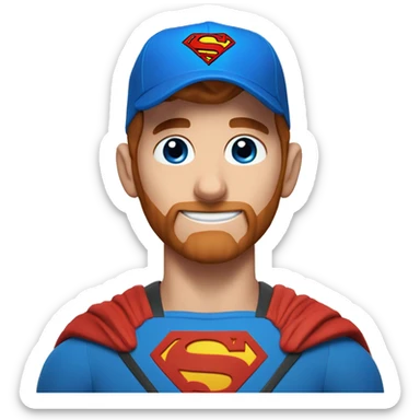 Superman with a goat, blue eyes, reddish hair, freckles, redidsh beard, hat backwards sticker