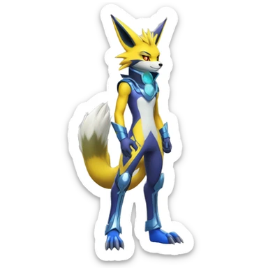 Shiny Colorful Anthro Edgy Cool Sonic-Zeraora-Renamon-Pokémon-Fakémon with shiny blue markings Full Body Detailed High Quality  sticker