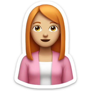 ginger girl, white face, with shoulder lenght straight hair with bangs wearing pink sitting in meditation sticker