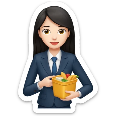 long dark haired woman with suit holding food container sticker