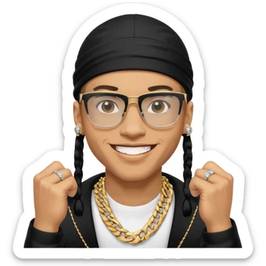 lightskin man with a black durag,a cuban link chain,glasses, and smiling flexing diamond studded grillz  sticker