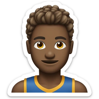 cabelo marrom, pele beje claro, olho marrom e uma camiseta azul sticker