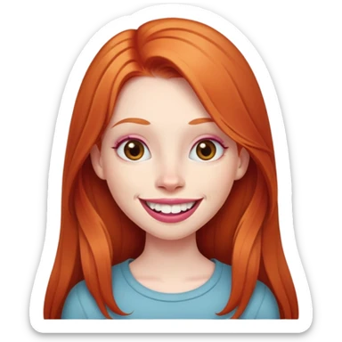 Young girl with pale skin, longer face, full pink lips smiling with big teeth, very long straight ginger red hair (no blonde at all), big brown eyes, bigger nose, big mouth sticker