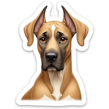 Cinematic Noble Fawn Great Dane Portrait Emoji, Poised and regal, with a towering, muscular build and a sleek, well-groomed solid fawn Fur accented by subtle dark markings, deep-set soulful amber eyes, Simplified yet sharp and sophisticated features, highly detailed, glowing with a soft, dignified glow, high shine, intelligent and gentle, stylized with an air of majesty, focused and attentive, soft glowing outline, capturing the essence of a watchful and confident guardian, so majestic it feels as though it could stride out of the screen with effortless authority! sticker