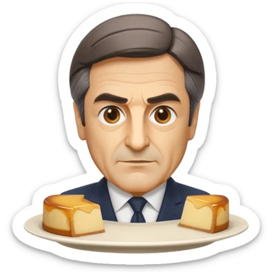 apple style emoji bust of François Fillon, all features sculpted from uniform slightly translucent beige flan, no separate colors for hair, eyes, or skin, all flan, on a white plate sticker