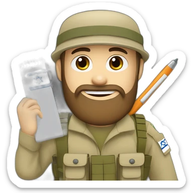 pale brown bearded israeli flag IDF soldier happy holding notebook and pen and stationary sticker