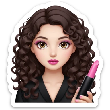 A girl with long dark brown hair styled in loose 36mm curls, beautiful round-almond eyes with long curled lashes in Douyin style. Her makeup is cool-tone neutral. She’s holding a pink lipstick similar to Rhode’s shade in one hand. sticker