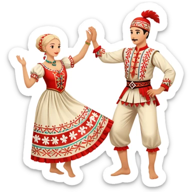 Cinematic Realistic scene of two performers engaging in the Croatian Linđo folk dance, adorned in vibrant traditional costumes with intricate patterns and accessories, captured in graceful, synchronized motion under festive natural lighting. sticker