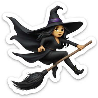 dark long hair witch flying on a broom white skin sticker