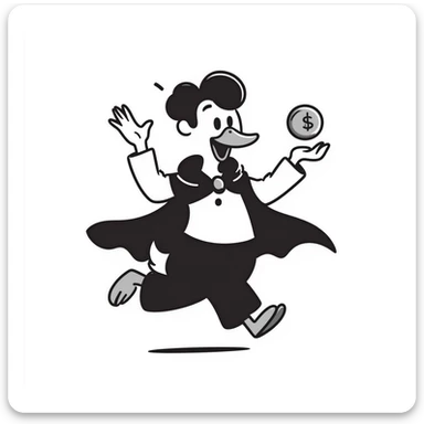 A cool duck in a mysterious black cloak flipping a silver coin sticker