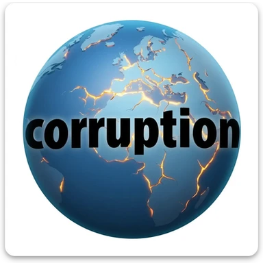 a blue burning planet in a realistic style that has "corruption" written on it with black letters sticker