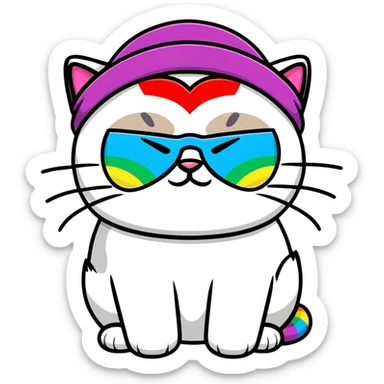 grumpy cat wearing a rainbow beanie and heart-shaped sunglasses sticker