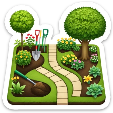 Icon for Landscape Design: a garden layout with plants, trees, paths, and design tools like a spade, pencil and measuring tape. The icon should represent creativity in outdoor space planning and gardening. Transparent background. sticker