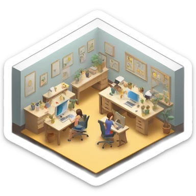 isometric square transparent solid outline border containing indoor creative workshop people actively working sticker
