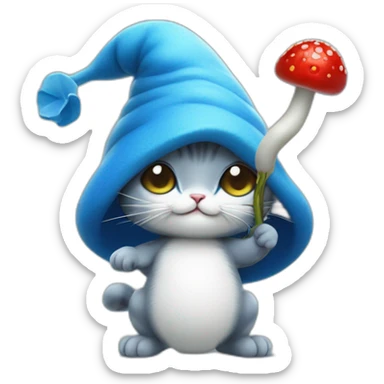 blue smurf cat with a white mushroom fungai hat also with berries on his back and a stick poking into the berries with a snail poked into it sticker