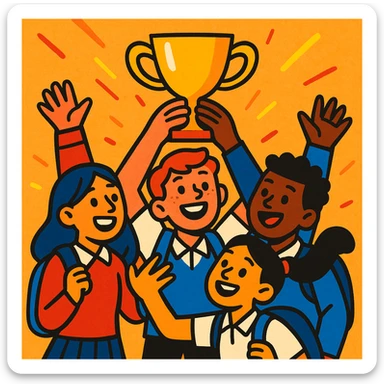 four students lifting a trophy, warm atmosphere, expressive illustration style, bright colors sticker