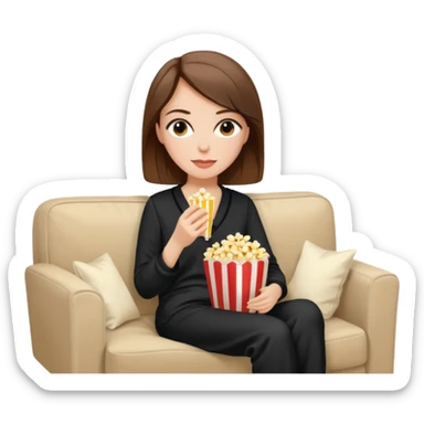 Stylish white woman with brown hair with makeup in black pyjama watching tv with popcorn on beige couch sticker