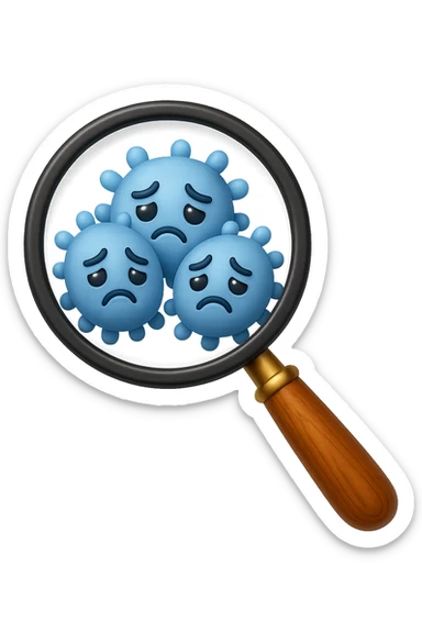 EMOJI STILE IPHONE DI una lente di ingrandimento che inquadra un cumulo di batteri intestinali tristi, IPERREALISTICO 4K sticker