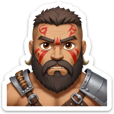 Clash of Clans aesthetic: Cinematic Rugged Barbarian Portrait Emoji, Intense and formidable with a heavily muscled physique, a rugged beard, piercing eyes, and battle-worn armor adorned with tribal markings, his expression fierce and resolute, Simplified yet powerfully detailed features, highly detailed, glowing with a deep, primal energy, high shine, gritty and uncompromising, stylized with an air of raw, untamed power, focused and determined, soft glowing outline, capturing the essence of a barbarian warrior carved by countless battles and poised to lead his clan into epic conflict! sticker