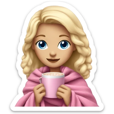 A blonde girl with blue eyes with a pink blanket around her with hot chocolate in her hand sticker
