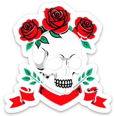 Traditional Americana tattoo art skull with bold outlines, red roses, and a banner sticker